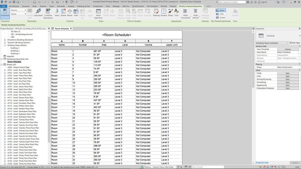 Autodesk Revit 2019.2 - Zoom in Schedules