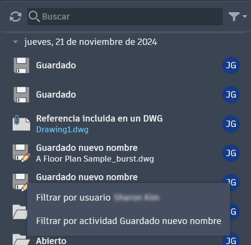 Novedad de AutoCAD 2026 actividad búsqueda y filtrado