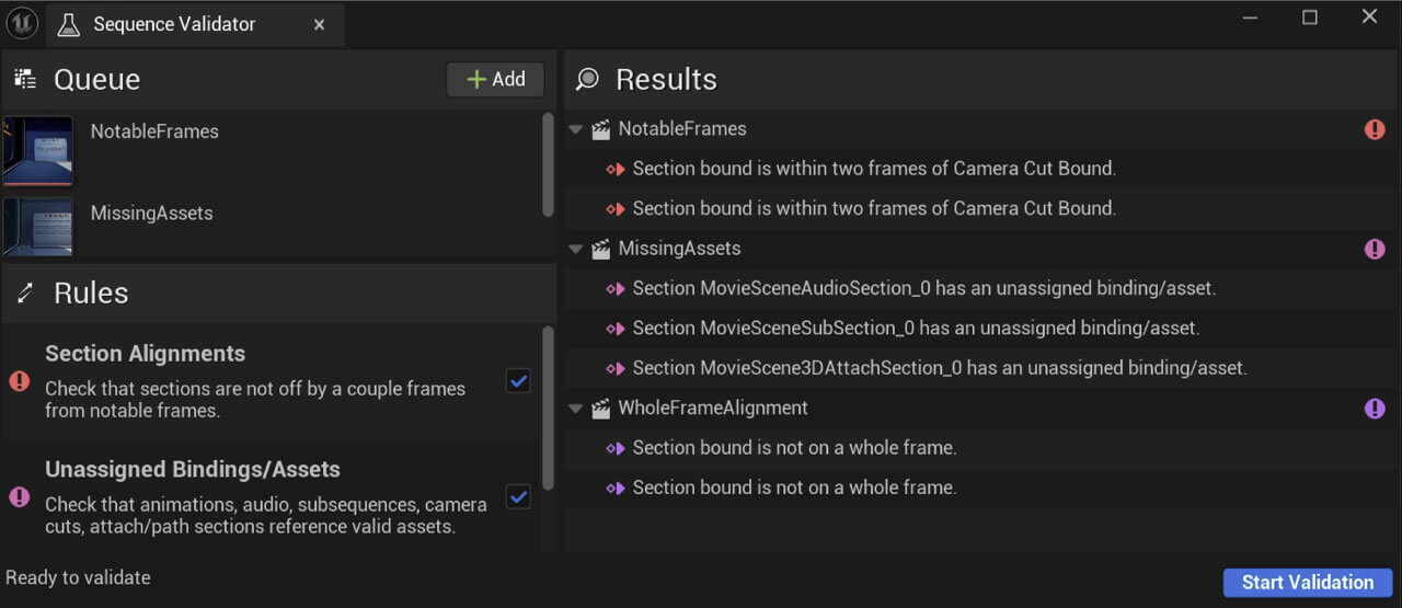 validador de secuencias Unreal Engine 5.7