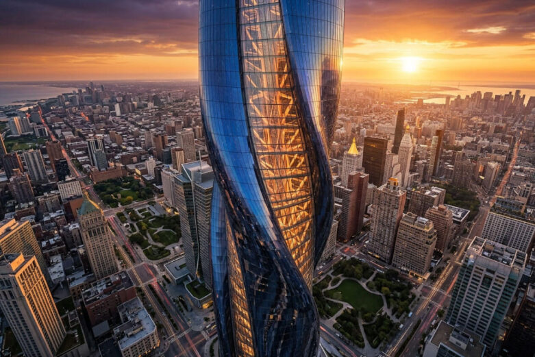 Futuristic skyscraper with sleek glass facades