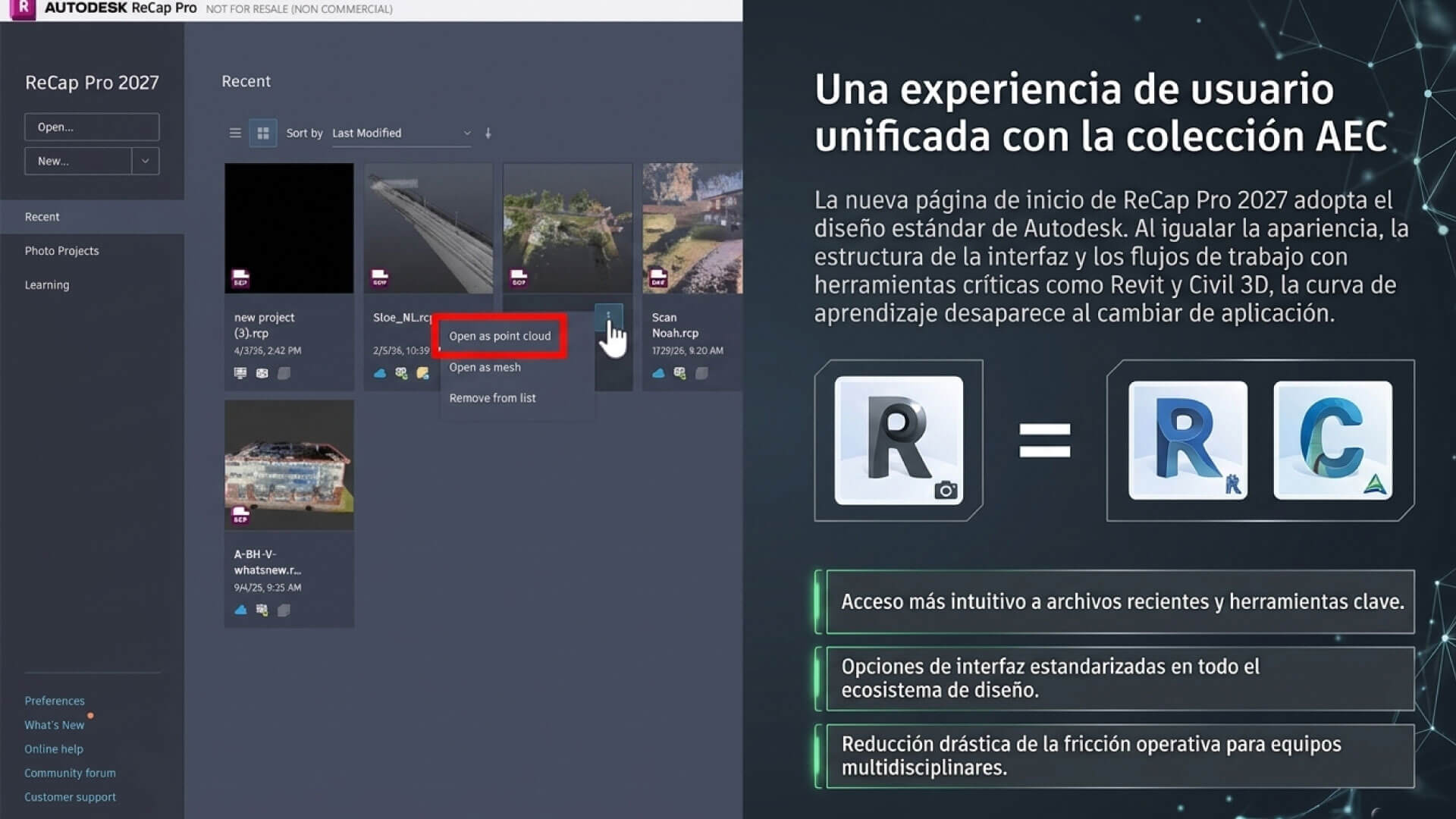 Autodesk ReCap 2027 experiencia de usuario
